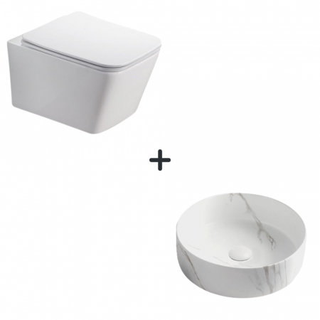 Baie completa - Set vas wc rimless cu capac soft close Paris plus lavoar baie rotund cu efect marmura