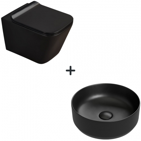 Baie completa - Set vas wc rimless cu capac soft close Paris plus lavoar baie rotund negru mat