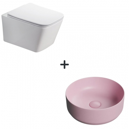 Baie completa - Set vas wc rimless cu capac soft close Paris plus lavoar baie rotund roz mat