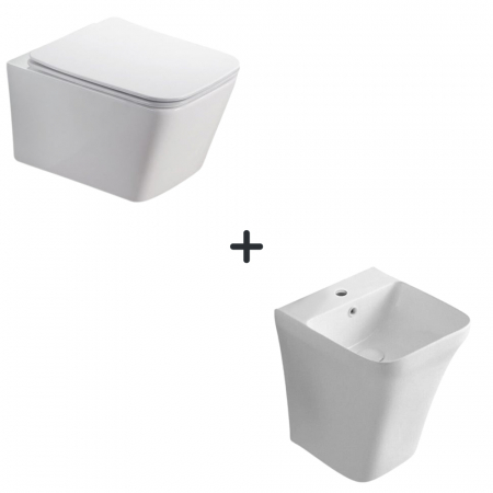 Baie completa - Set vas wc rimless cu capac soft close Paris plus lavoar baie suspendat alb lucios