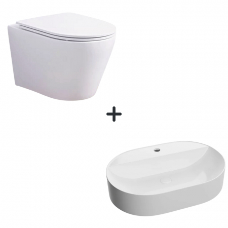 Perechea perfecta - Set vas wc rimless cu capac soft close Oslo plus lavoar baie alb cu orificiu baterie