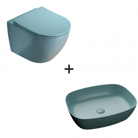 Seturi vase WC cu lavoar - Set vas wc rimless cu capac soft close plus lavoar baie cu margini rotunjite verde turcoaz mat