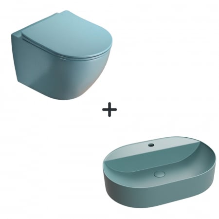 Seturi vase WC cu lavoar - Set vas wc rimless cu capac soft close plus lavoar baie cu orificiu baterie verde turcoaz mat