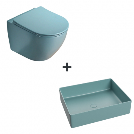 Perechea perfecta - Set vas wc rimless cu capac soft close plus lavoar baie dreptunghiular verde turcoaz mat