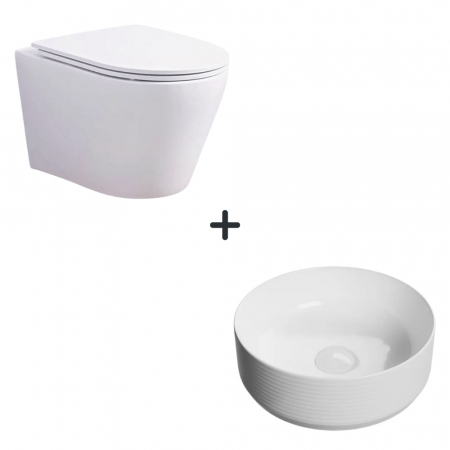 Baie completa - Set vas wc rimless cu capac soft close Oslo plus lavoar baie rotund alb