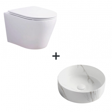 Baie completa - Set vas wc rimless cu capac soft close Clementina plus lavoar baie rotund cu efect marmura