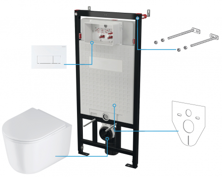 Seturi vas WC suspendat cu rezervor incastrat si clapeta - Set vas wc rimless cu capac soft close, rezervor incastrat, clapeta de actionare alba si izolare fonica Deante Jasmin