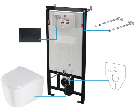 Seturi vas WC suspendat cu rezervor incastrat si clapeta - Set vas wc rimless cu capac soft close, rezervor incastrat, clapeta de actionare neagra si izolare fonica Deante Jasmin