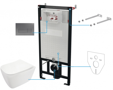 Seturi vas WC suspendat cu rezervor incastrat si clapeta - Set vas wc rimless cu capac soft close, rezervor incastrat, clapeta de actionare titan si izolare fonica Deante Hiacynt New