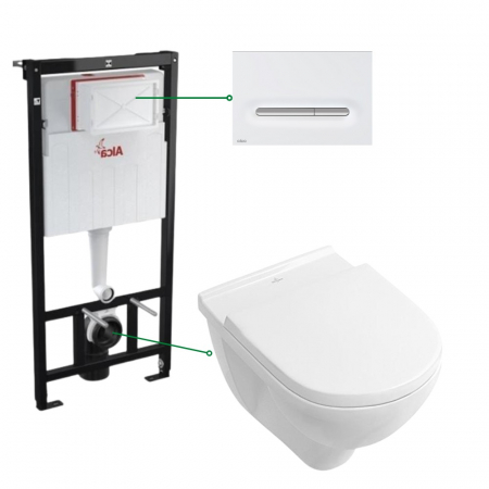 Seturi vas WC suspendat cu rezervor incastrat si clapeta - Set vas wc rimless cu capac soft close Villeroy & Boch Novo, rezervor incastrat si clapeta alb mat/crom lucios Alcadrain M1876-1