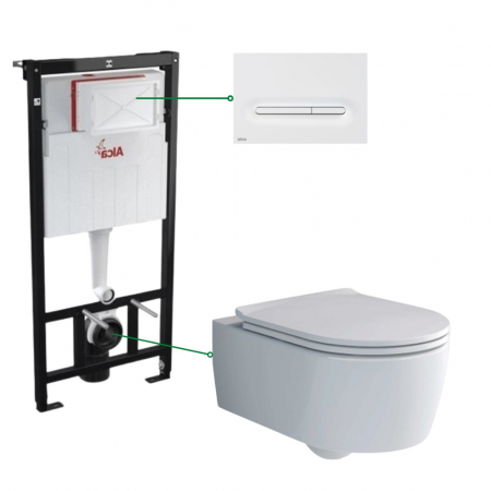 Seturi vas WC suspendat cu rezervor incastrat si clapeta - Set vas wc rimless cu capac soft close Villeroy & Boch Soul, rezervor incastrat si clapeta alb mat Alcadrain M1876