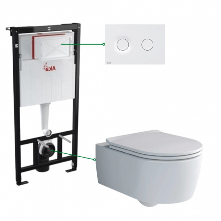 Seturi vas WC suspendat cu rezervor incastrat si clapeta - Set vas wc rimless cu capac soft close Villeroy & Boch Soul, rezervor incastrat si clapeta alb mat Alcadrain M1976