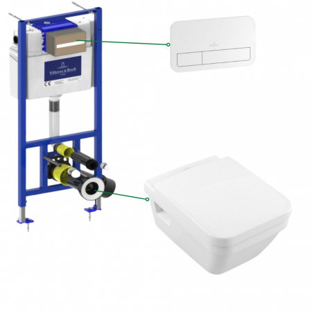 Seturi vas WC suspendat cu rezervor incastrat si clapeta - Set vas wc rimless dreptunghiular cu capac soft close Villeroy&Boch Architectura, rezervor incastrat si clapeta alba