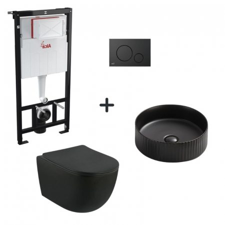 Seturi vas WC suspendat cu rezervor incastrat si clapeta - Set vas wc rimless negru cu capac soft close, lavoar rotund cu ventil, plus rezervor incastrat si clapeta de actionare neagra