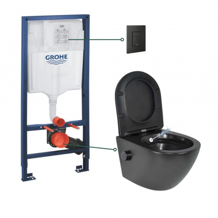Vase WC - Set vas wc suspendat cu functie bideu si baterie inclusa negru mat Foglia Oslo, rezervor incastrat Grohe Solido 3 in 1