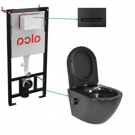 Seturi vas WC suspendat cu rezervor incastrat si clapeta - Set vas wc rimless negru cu functie de bideu si baterie inclusa, rezervor incastrat Alcadrain