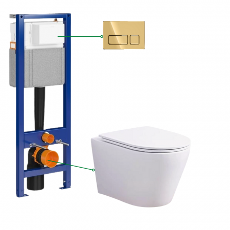 Seturi vas WC suspendat cu rezervor incastrat si clapeta - Set vas wc rimless suspendat, asimetric, cu capac softclose, Oslo Foglia, rezervor incastrat si clapeta aurie Cersanit Block