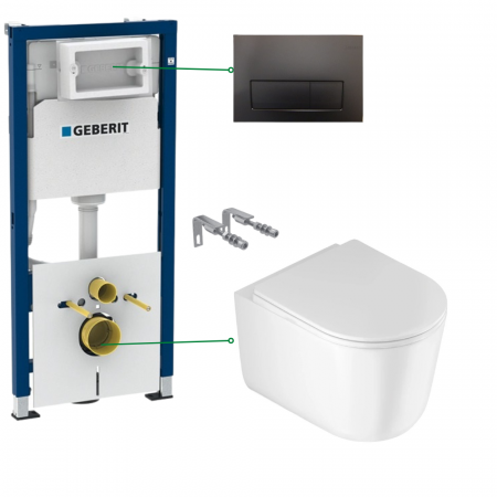 Seturi vas WC suspendat cu rezervor incastrat si clapeta - Set vas wc suspendat tornado cu capac soft close Deante Jasmin si set rezervor wc incastrat Geberit Duofix cu set fixare si izolare fonica, plus clapeta negru lucios Delta 50