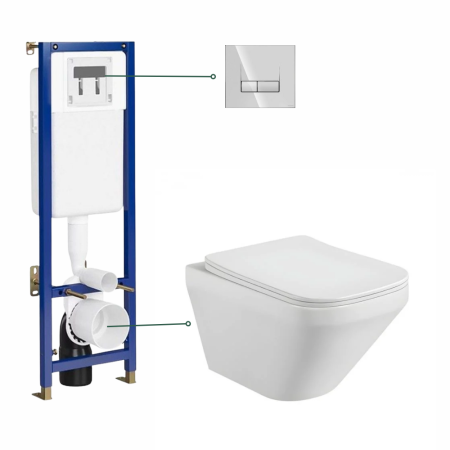 Seturi vas WC suspendat cu rezervor incastrat si clapeta - Set vas wc rimless suspendat cu capac slim softclose Foglia Bristol, rezervor incastrat cu clapeta actionare crom lucios, Tech Line Base Smart Cersanit