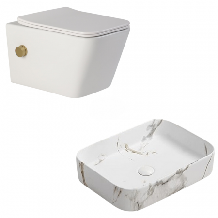 Seturi vase WC cu lavoar - Set vas wc rimless suspendat cu functie de bideu, baterie auriu mat si capac soft close Foglia Safari plus lavoar dreptunghiular cu efect marmura