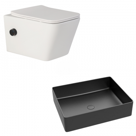 Seturi vase WC cu lavoar - Set vas wc rimless suspendat cu functie de bideu, baterie negru mat si capac soft close, Foglia Safari, plus lavoar dreptunghiular pe blat