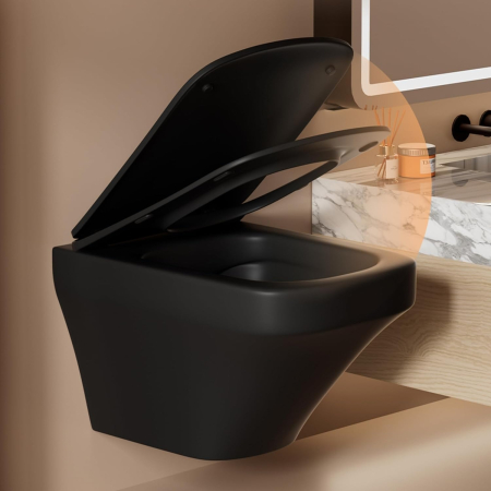 Set vas wc rimless suspendat negru mat, dreptunghiular, capac slim softclose, Foglia Bristol [2]
