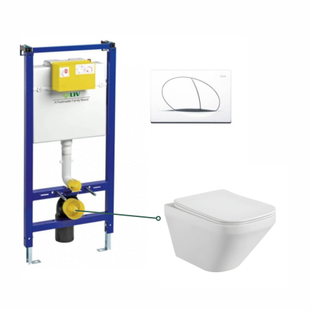 Seturi vas WC suspendat cu rezervor incastrat si clapeta - Set vas wc rimless suspendat, dreptunghiular, capac slim softclose, Foglia Bristol, rezervor WC incastrat Liv Jog si clapeta alb mat Selenite Duo