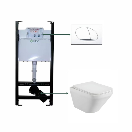 Outlet - Set vas wc rimless suspendat, dreptunghiular, capac slim softclose, Foglia Bristol, rezervor WC incastrat Liv Jog si clapeta alb mat Selenite Duo