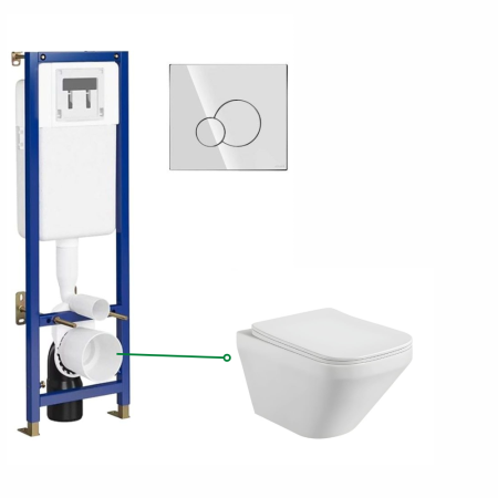 Seturi vas WC suspendat cu rezervor incastrat si clapeta - Set vas wc rimless suspendat, dreptunghiular, capac slim softclose, Foglia Bristol, rezervor wc incastrat si clapeta crom lucios, Cersanit Tech Line Base