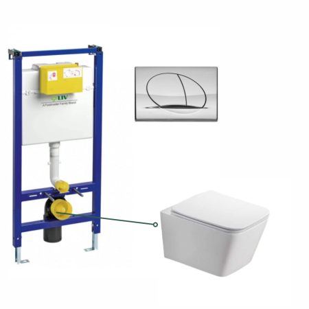 Seturi vas WC suspendat cu rezervor incastrat si clapeta - Set vas wc rimless suspendat, dreptunghiular, capac softclose Foglia Safari, rezervor incastrat Liv Jog cu clapeta crom lucios Selenite Duo