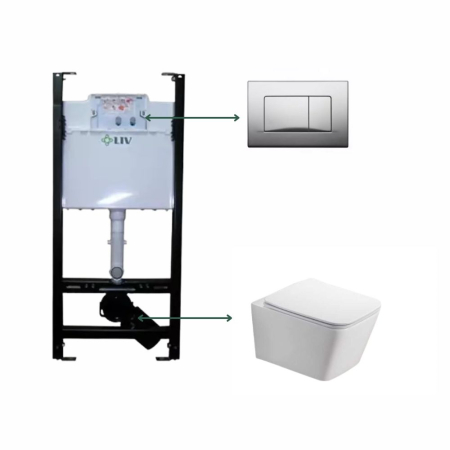 Outlet - Set vas wc rimless suspendat, dreptunghiular, capac softclose Foglia Safari, rezervor incastrat Liv Jog cu clapeta crom lucios Selenite Duo