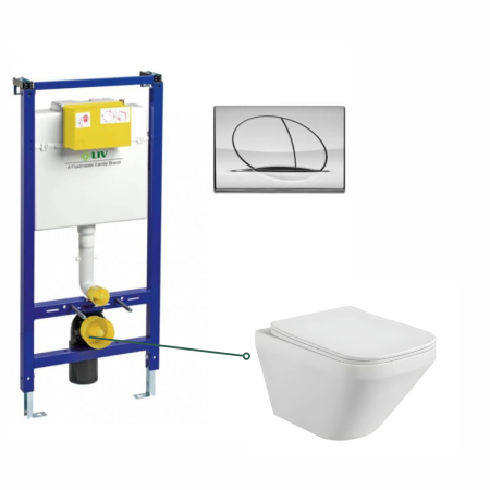 Seturi vas WC suspendat cu rezervor incastrat si clapeta - Set vas wc rimless suspendat, dreptunghiular, cu capac slim softclose Foglia Bristol, rezervor incastrat Liv Jog cu clapeta crom lucios Selenite Duo