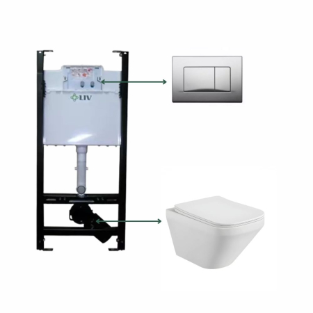 Outlet - Set vas wc rimless suspendat, dreptunghiular, cu capac slim softclose Foglia Bristol, rezervor incastrat Liv Jog cu clapeta crom lucios Selenite Duo