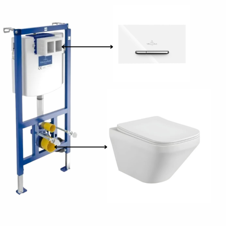 Obiecte sanitare - Set vas wc rimless suspendat, dreptunghiular, Foglia Bristol cu rezervor incastrat si clapeta de actionare dual-flush, alba cu 2 butoane cromate ViConnect, Villeroy & Boch