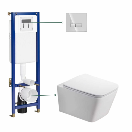 Seturi vas WC suspendat cu rezervor incastrat si clapeta - Set vas wc rimless suspendat, dreptunghiular, Foglia Safari, rezervor incastrat cu clapeta actionare dubla Tech Line Base Smart Cersanit