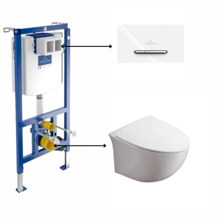 Obiecte sanitare - Set vas wc rimless suspendat, Foglia Alice cu rezervor incastrat si clapeta de actionare dual-flush, alba cu 2 butoane cromate ViConnect, Villeroy & Boch