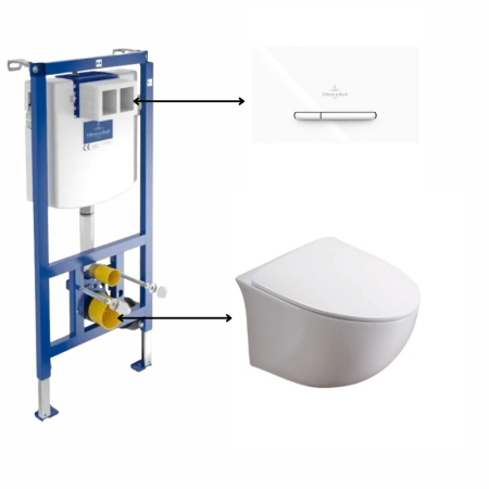 Seturi vas WC suspendat cu rezervor incastrat si clapeta - Set vas wc rimless suspendat, Foglia Alice cu rezervor incastrat si clapeta de actionare dual-flush, alba, ViConnect Villeroy&Boch