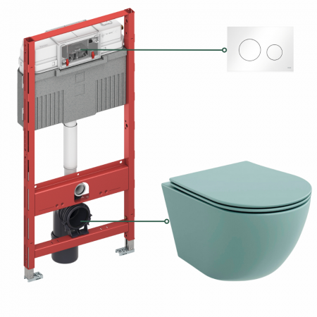 Seturi vas WC suspendat cu rezervor incastrat si clapeta - Set vas wc rimless suspendat Foglia Oslo si capac softclose verde turcoaz mat, rezervor incastrat TECEprofil si clapeta de actionare alba, TECE Loop
