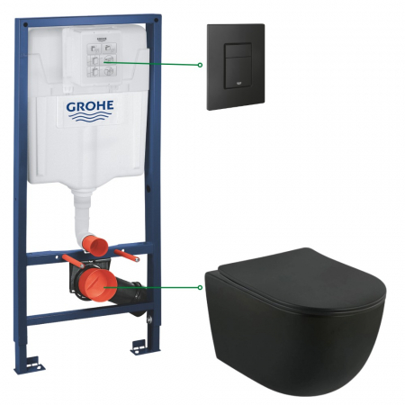 Seturi vas WC suspendat cu rezervor incastrat si clapeta - Set vas wc suspendat negru mat cu capac soft close Foglia, rezervor incastrat Grohe Solido 3 in 1 cu clapeta neagra mata Even