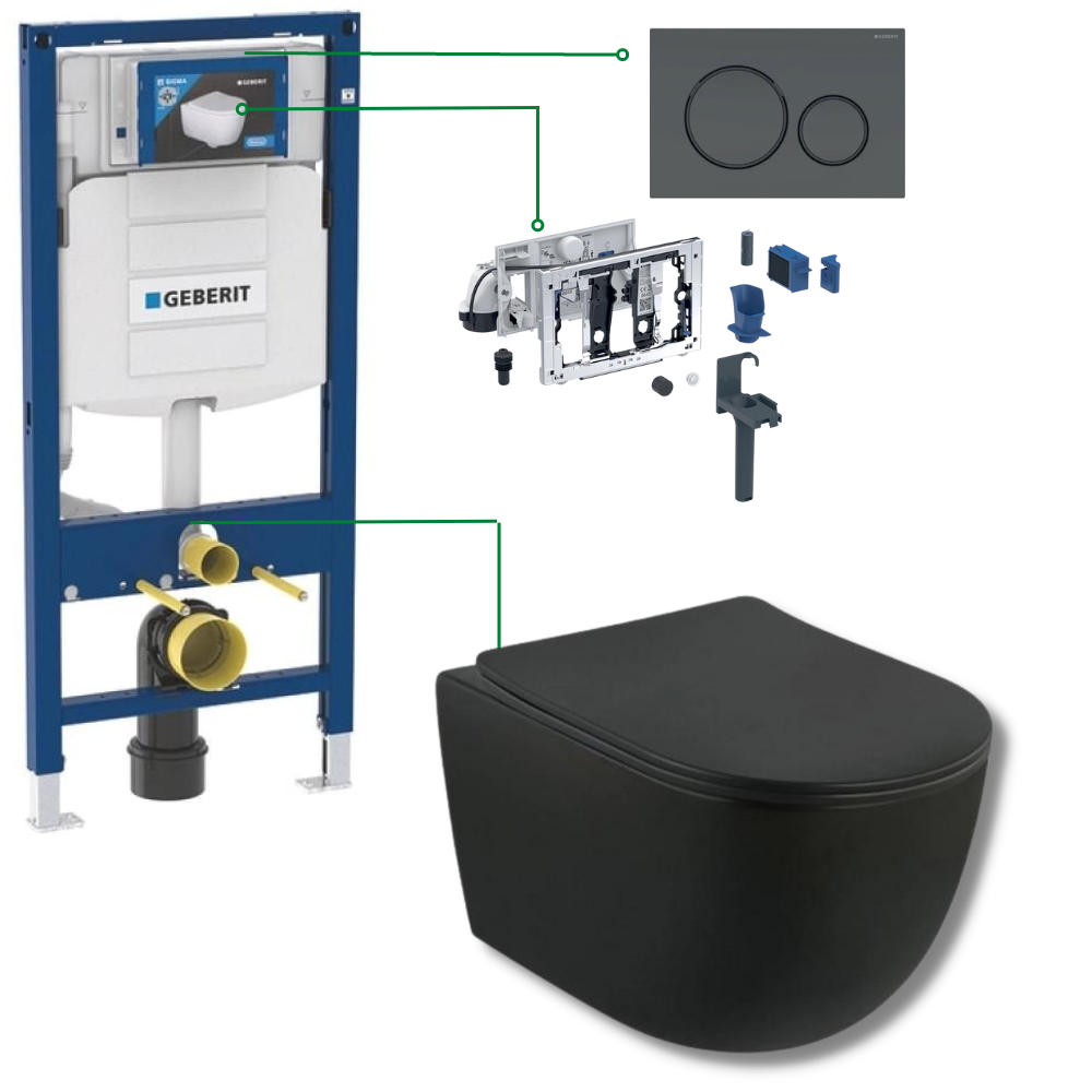Set vas wc rimless suspendat negru mat Fluminia cu rezervor incastrat, modul DuoFresh si clapeta neagra Geberit [0]