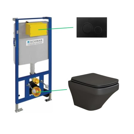 Seturi vas WC suspendat cu rezervor incastrat si clapeta - Set vas wc rimless suspendat negru mat Foglia Bristol cu rezervor incastrat Schwab si clapeta de actionare negru mat, Schwab Vela