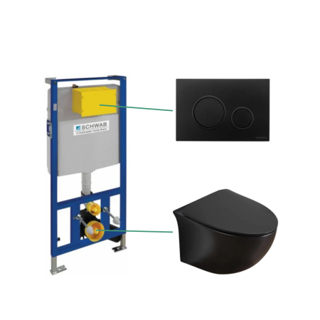 Seturi vas WC suspendat cu rezervor incastrat si clapeta - Set vas wc rimless suspendat negru mat Foglia Alice cu rezervor incastrat Schwab si clapeta de actionare negru mat, Schwab Vela
