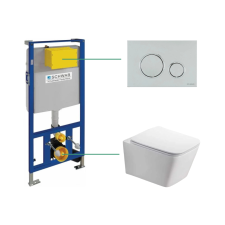 Seturi vas WC suspendat cu rezervor incastrat si clapeta - Set vas wc rimless suspendat Foglia Safari cu rezervor incastrat Schwab si clapeta de actionare crom lucios, Schwab Vela