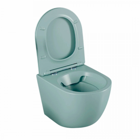 Set vas wc rimless suspendat cu capac softclose Foglia Oslo turcoaz mat, rezervor incastrat si clapeta de actionare alb lucios, Laufen LIS [1]