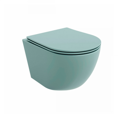 Vase WC - Set vas wc suspendat, verde turcoaz, mat, rimles , capac softclose, Rotund, Foglia Oslo