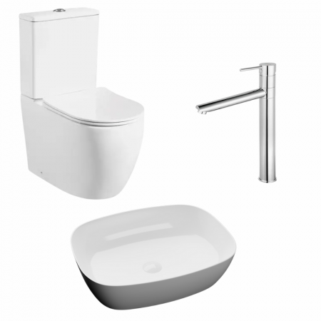 Perechea perfecta - Set vas wc stativ rimless Foglia Oslo cu rezervor si capac soft close inclus, lavoar dreptunghiular cu margini rotunjite plus baterie inalta crom lucios