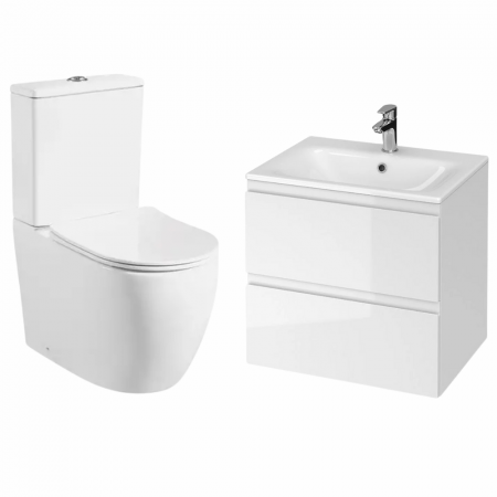 Seturi baie completa - Set vas wc stativ rimless Foglia Oslo cu rezervor si capac soft close inclus plus dulap baie suspendat 2 sertare si lavoar