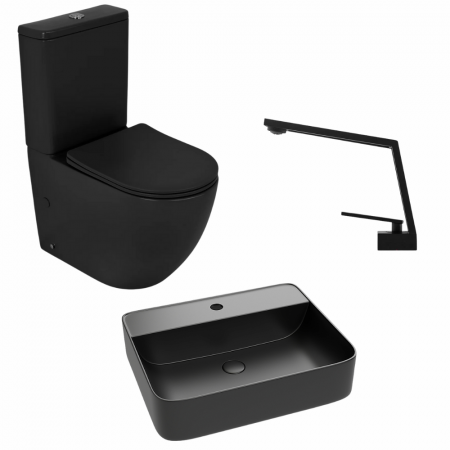 Perechea perfecta - Set vas wc stativ rimless negru mat Foglia Oslo cu rezervor si capac soft close inclus, lavoar dreptunghiular cu orificiu baterie plus baterie negru mat