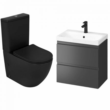 Seturi baie completa - Set vas wc stativ rimless negru mat Foglia Oslo cu rezervor si capac soft close inclus plus dulap baie suspendat 2 sertare cu lavoar inclus