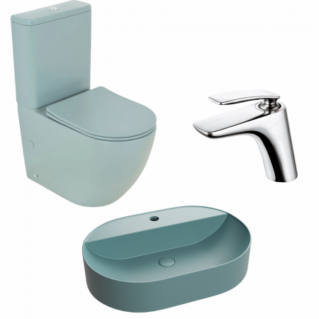 Seturi baie completa - Set vas wc stativ rimless verde turcoaz mat Foglia Oslo cu rezervor si capac soft close inclus, lavoar cu orificiu baterie plus baterie lavoar crom lucios